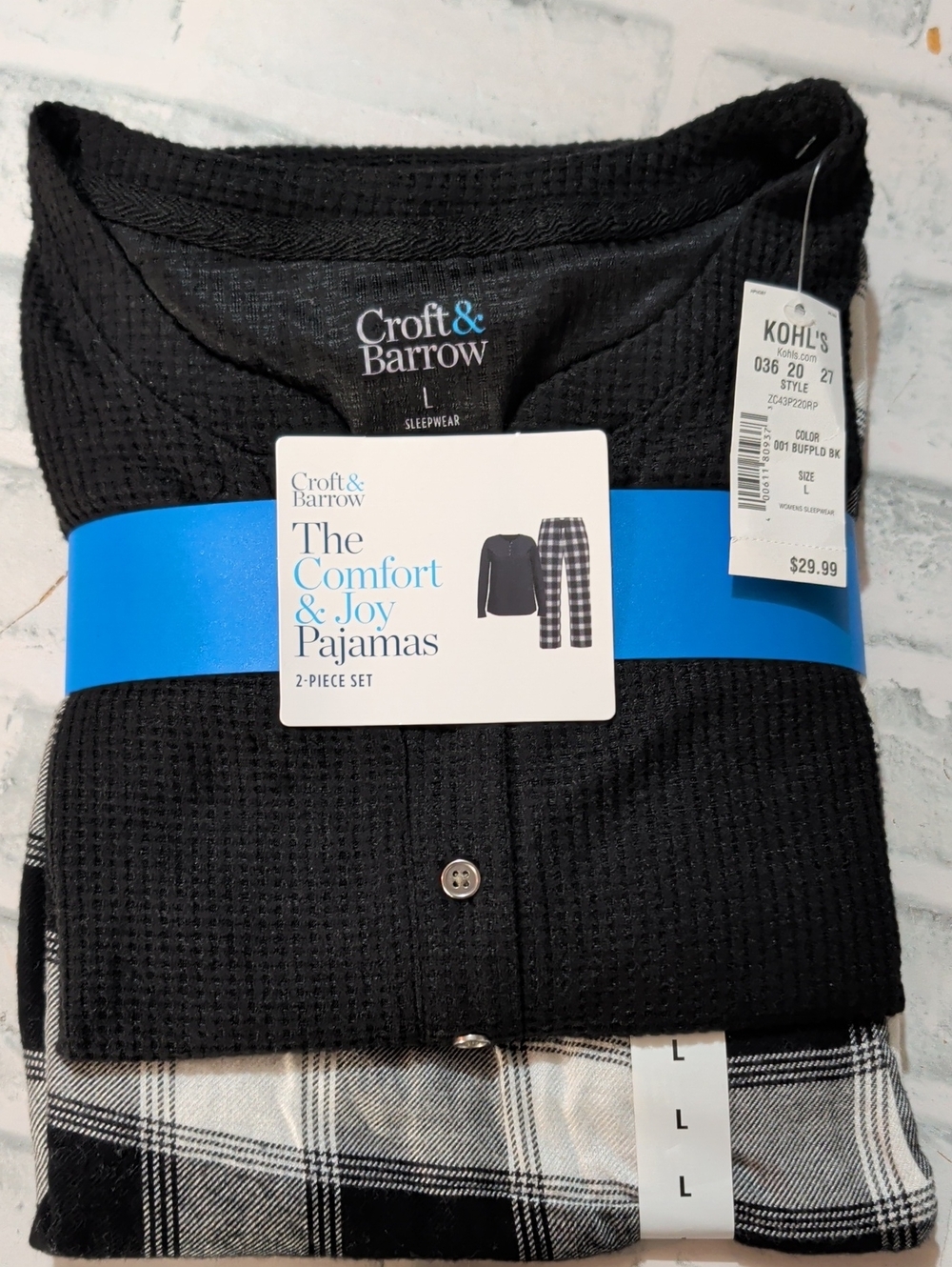 Croft & Barrow Black Waffle Knit Top with Black and White Plaid Pants